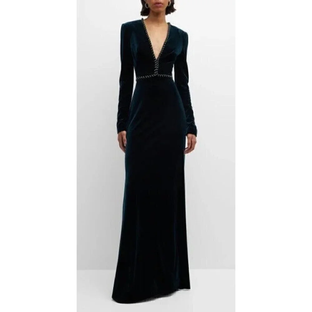 $4295 Monique Lhuillier 14 Plunging Crystal embellished Velour Gown elegant - Picture 1 of 14